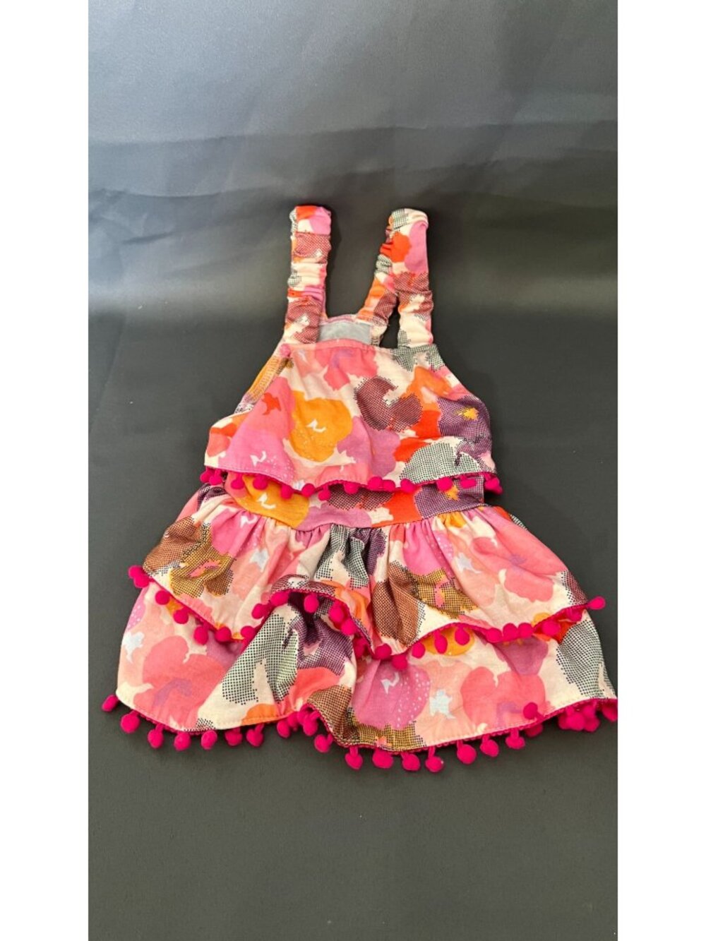 Jessica Simpson Dog Floral Ruffle Romper With Pink Pom-Pom Accents - Small